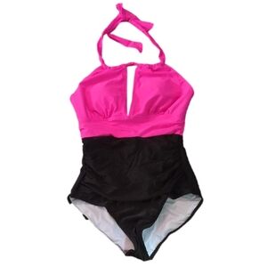 B2Prity Black And Pink One Piece Halter Swimsuit Size Medium